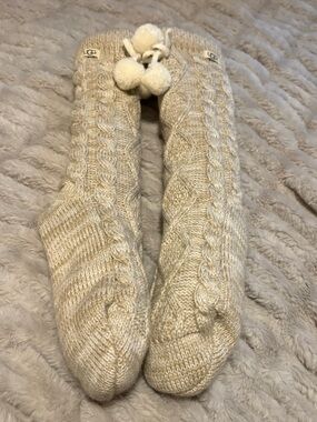 UGG Cable Knit Pom Pom Slipper Socks - Oatmeal